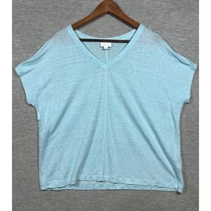 J Jill Love Linen Top M Blue V Neck‎ Short Sleeve Casual Lightweight Blouse